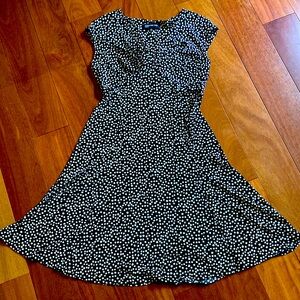 Jones New York fit and flair dress. Black with white polka dots.